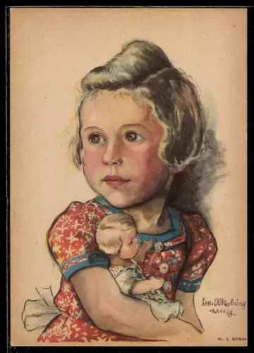 Künstler-AK Mädchen mit ihrer Puppe im Arm
