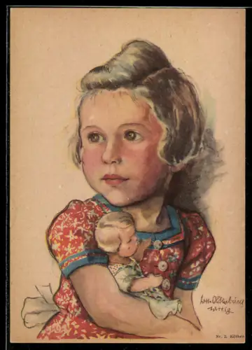 Künstler-AK Mädchen mit ihrer Puppe im Arm