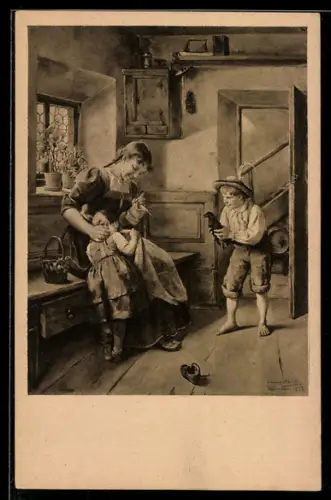 Künstler-AK sign. E. v. Müller: Furchtsam, Junge erschreckt seine Schwester