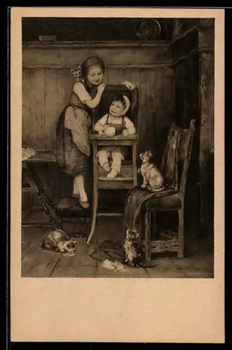 Künstler-AK sign. Otto v. Baditz: Hungrige Gäste, Zwei Geschwister mit Kätzchen