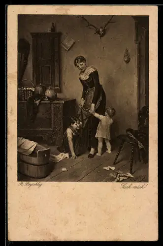 Künstler-AK sign. R. Beyschlag: Mutter spielt mit ihren Kindern