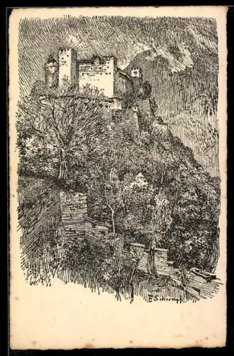 Künstler-AK sign. Schrempf: Salzburg, Festung Hohensalzburg von der Richterhöhe