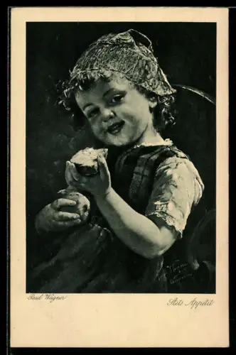 Künstler-AK sign. Paul Wagner: Stets Appetit, Mädchen mit Butterbrot