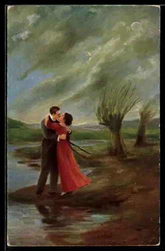 Künstler-AK sign. J. Hansen: Stürmische Liebe, Liebespaar in einer Flusslandschaft