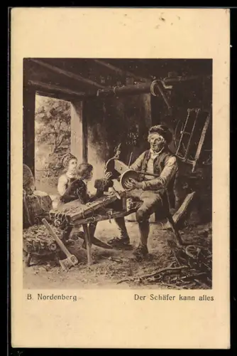 Künstler-AK sign. B. Nordenberg: Schäfer mit Kindern in der Werkstatt