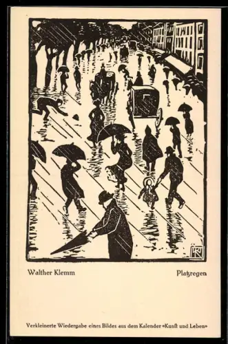 Künstler-AK sign. Walther Klemm: Strassenpartie bei Platzregen
