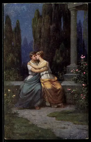 Künstler-AK sign. Mathauser: Römisches Liebespaar bei Nacht