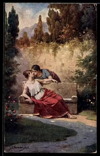 Künstler-AK sign. Mathauser: Römisches Liebespaar an einer Gartenbank