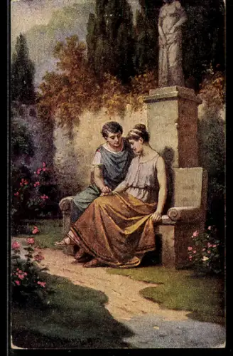 Künstler-AK sign. Mathauser: Römisches Liebespaar auf einer Gartenbank