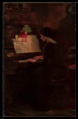 Künstler-AK sign. Flesch-Brunningen: Dame im Klavier im Lampenschein