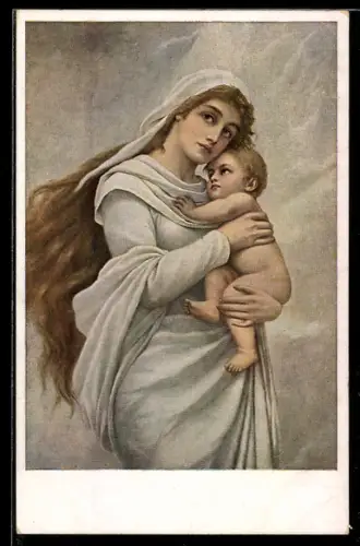 Künstler-AK sign. v. Bodenhausen: Madonna, Dame in weissem Gewand mit Baby