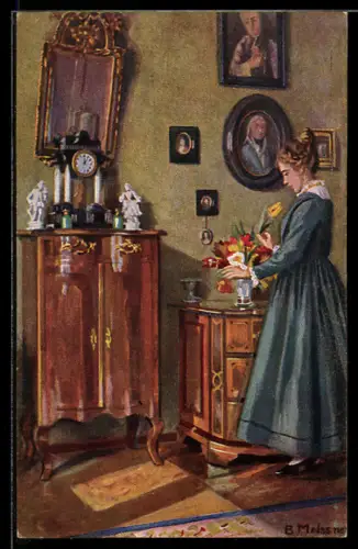 Künstler-AK sign. B. Meissner: Die Blumenfreundin, Dame mit einem Blumenstrauss