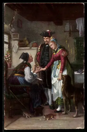 Künstler-AK sign. J. Grünwald: Grossmutter gibt einem Paar ihren Segen