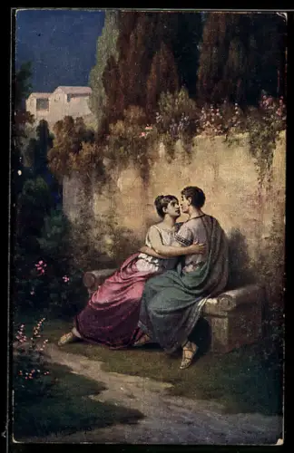Künstler-AK sign.: sign. Mathauser: Römische Liebe, Liebespaar im römischen Garten bei Nacht