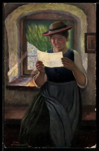 Künstler-AK sign. M. Wachsmuth: Frau liest lächelnd einen Brief von ihrem Mann
