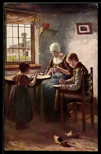 Künstler-AK sign. Keyser: Holländisches Interieur, Mutter mit zwei Kindern