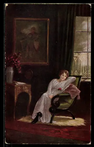 Künstler-AK sign. H. Hermanns: Mussestündchen, Dame auf ihrem Sessel
