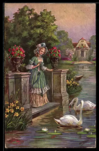 Künstler-AK sign. Student: Dame am Parkteich betrachtet Schwäne