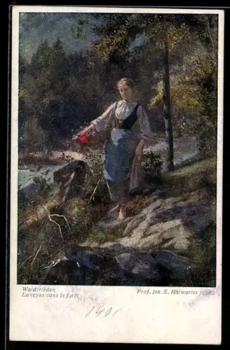 Künstler-AK sign. Jos. E. Hörwarter: Waldfrieden, Dame auf einem Hang im Wald