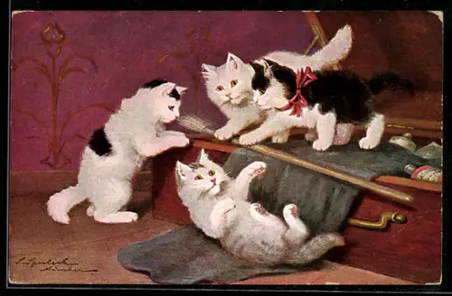 Künstler-AK sign. S. Sperlink: Vier Kätzchen spielen mit einem Pinsel