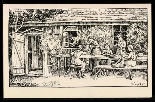 Künstler-AK sign. Elisabeth Lörcher: Frauen und Kinder vor einer Jugend-Herberge