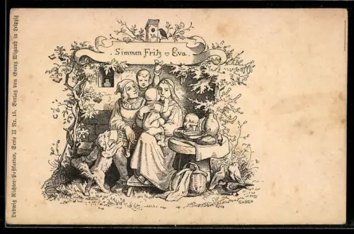 Künstler-AK sign. Gaber: Paar mit Kindern und Hund auf einer Gartenbank