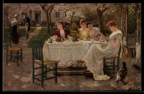 Künstler-AK sign. J. Koch: Herr besucht eine Damenrunde