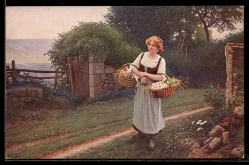 Künstler-AK sign. C. Bellanger: Land-Mädchen mit Hühnern und Eiern in einem Korb