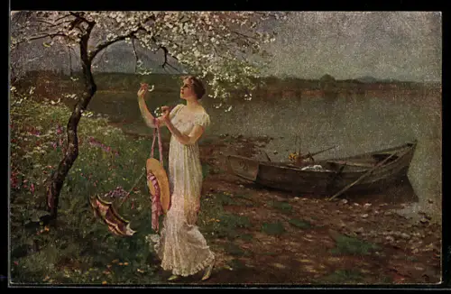 Künstler-AK sign. Hermann Koch: Dame pflückt Baumblüten am Ufer