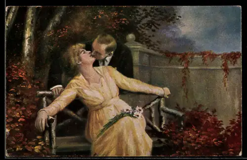 Künstler-AK sign. H. Mager: Liebespaar im herbstlichen Garten