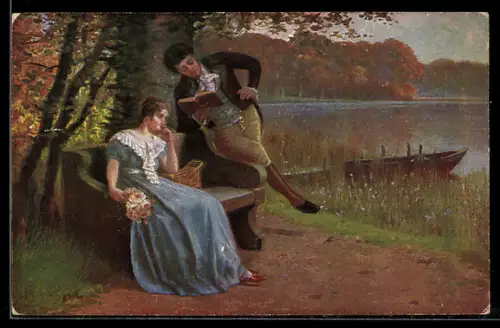 Künstler-AK sign. Karl Rumpel: Im Bann der Dichtung, Mann liest Frau Gedichte vor