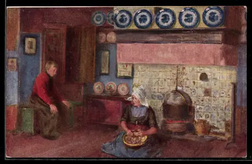 Künstler-AK sign. H. Moeser: Mutter und Sohn am stillen Herd