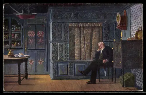 AK Friesisches Interieur, Mann mit Pfeife in der guten Stube