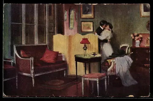 Künstler-AK sign. Gettay: Vertraulicher Besuch, Liebespaar im abendlichen Wohnzimmer