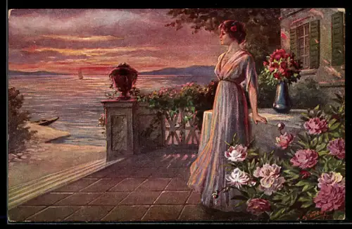 Künstler-AK sign. E. Student: Dame am Seeufer im Abend-Dämmerschein