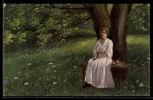 Künstler-AK sign. H. Hermanns: Ein stilles Plätzchen, Dame unter einem Baum