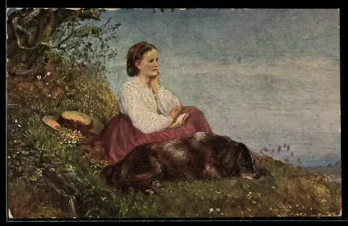 Künstler-AK sign. Th. Schüz: Dame und ihr Hund im Mai auf einer Wiese