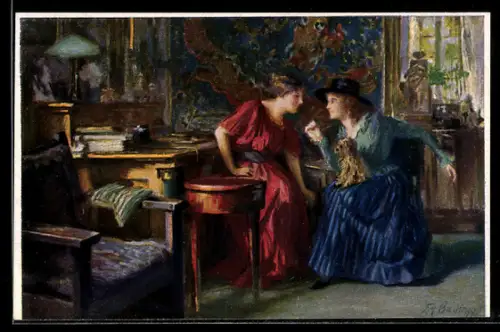 Künstler-AK sign. F. M. Bredt: Pikanterien, Zwei Freundinnen mit Hund im Gespräch