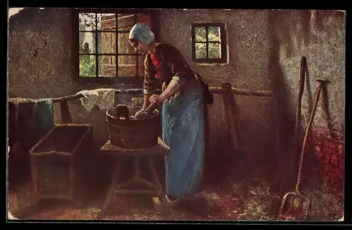 Künstler-AK Waschfrau bei der Arbeit in ihrer Arbeitstracht