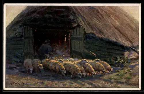 Künstler-AK sign. J. W. v. d. Heide: Schäfer mit seiner Herde in der Morgensonne