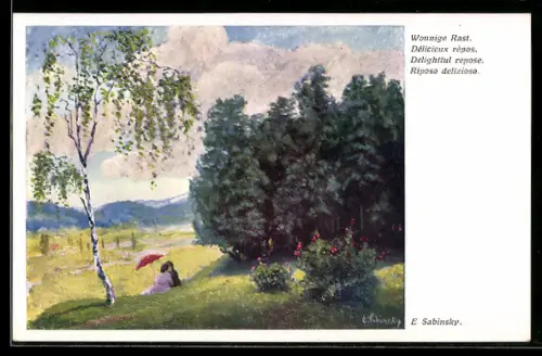 Künstler-AK sign. E. Sabinsky: Wonnige Rast, Ausflügler im Grünen