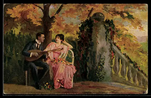 Künstler-AK sign. H. Walter: Zarte Fesseln, Herr spielt für eine Dame die Laute