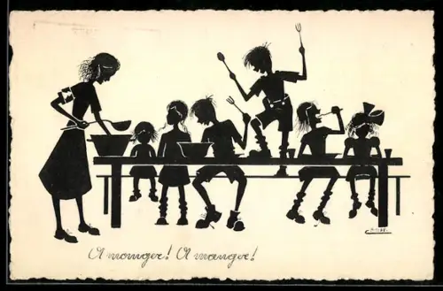 Künstler-AK sign. Binst: Frau verteilt Essen an eine Schar Kinder