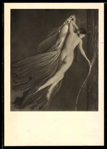 Künstler-AK sign. R. Müller: Unbekleidete Frau schwimmt mit einem Fisch