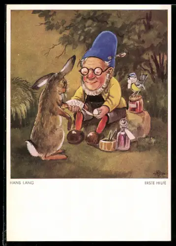 Künstler-AK sign. Hans Lang: Zwerg leistet Hasen Erste Hilfe