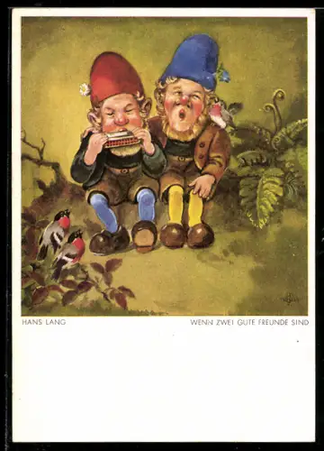 Künstler-AK Wenn zwei gute Freunde sind, Musizierende Zwerge