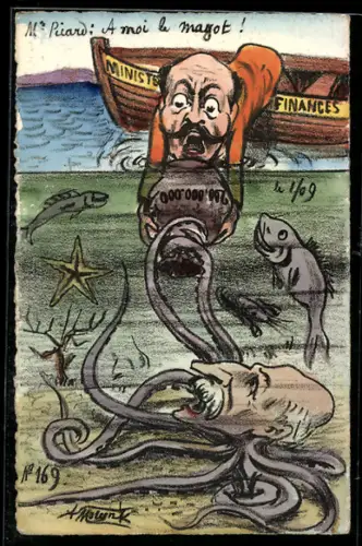 Künstler-AK sign. Molynk: Der französische Finanzminister Picard versucht einen 200-Mio. Franc-Sack zu retten