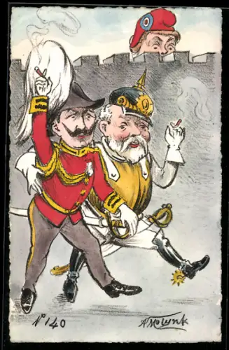 Künstler-AK sign. Molynk: Die französische Republik beäugt misstrauisch das Deutsche Kaiserreich