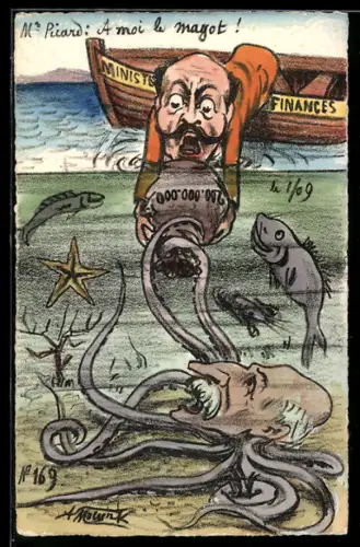 Künstler-AK sign. Molynk: Der französische Finanzminister Picard versucht einen 200-Mio. Franc-Sack zu retten