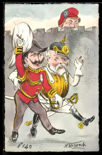 Künstler-AK sign. Molynk: Die französische Republik beäugt misstrauisch das Deutsche Kaiserreich